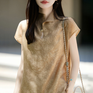 小翻领短袖衬衫女夏季薄款显瘦遮肚丝质国风t恤纱料小衫立领上衣