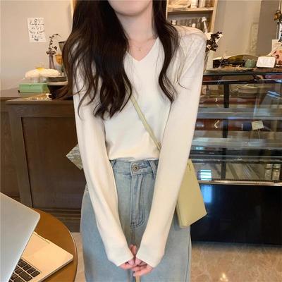 春秋冬季2025新款韩版长袖V领套头内搭打底针织衫女宽松毛衣上衣
