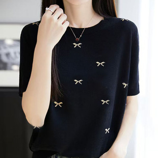 2025夏女圆领蝴蝶结电脑提花薄款冰丝短袖针织衫遮肉显瘦百搭T恤