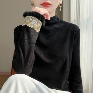 高端针织工厂直销店新中式刺绣长袖半高领衬衫加绒加厚提花长袖黑色国风内搭洋气上衣