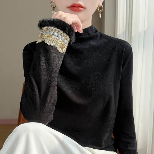 新中式刺绣长袖半高领衬衫加绒加厚提花长袖黑色国风内搭洋气上衣