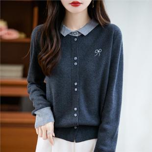 翻领叠穿内搭打底衫 拼色衬衫 秋季 女宽松百搭长袖 小外套 领针织开衫