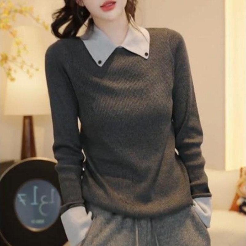 大码POLO领针织衫女秋冬打底