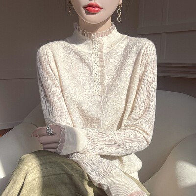2025春季新款蕾丝钩花半高领薄款针织毛衣女气质百搭荷叶领打底衫