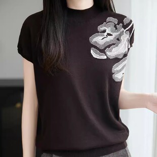 新中式半高领提花短袖女针织T恤衫细腻精纺连肩飞袖西装内搭打底