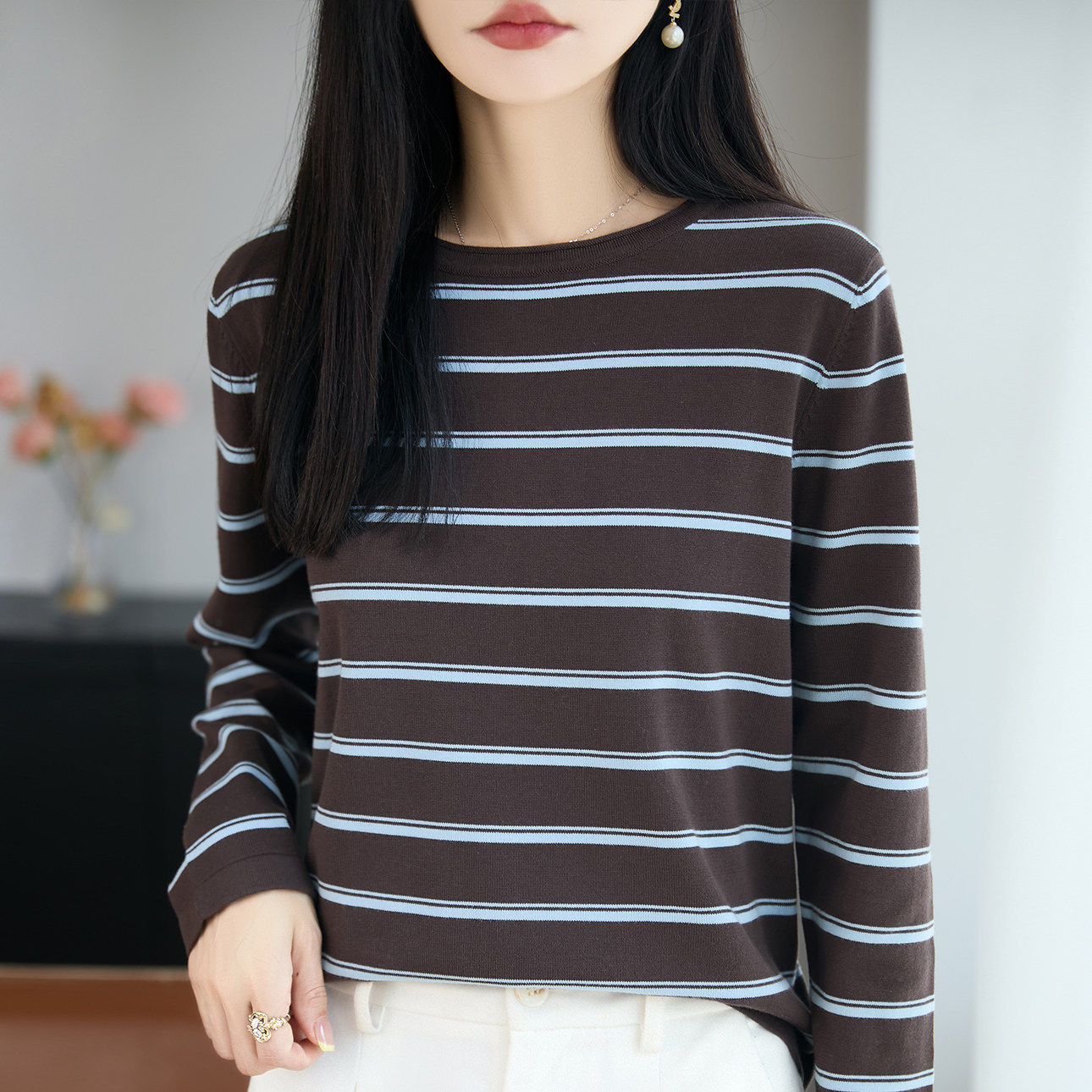 复古撞色100%纯棉条纹圆领针织衫女套头毛衣舒适内搭打底全棉上衣