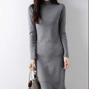 高级感鱼尾黑色长袖半高领连衣裙2025新款收腰淑女修身中长款裙子