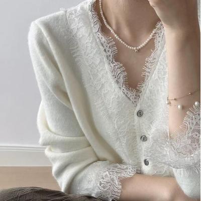 蕾丝边V领羊毛针织开衫女收腰内搭毛衣温柔风秋季长袖打底衫外套