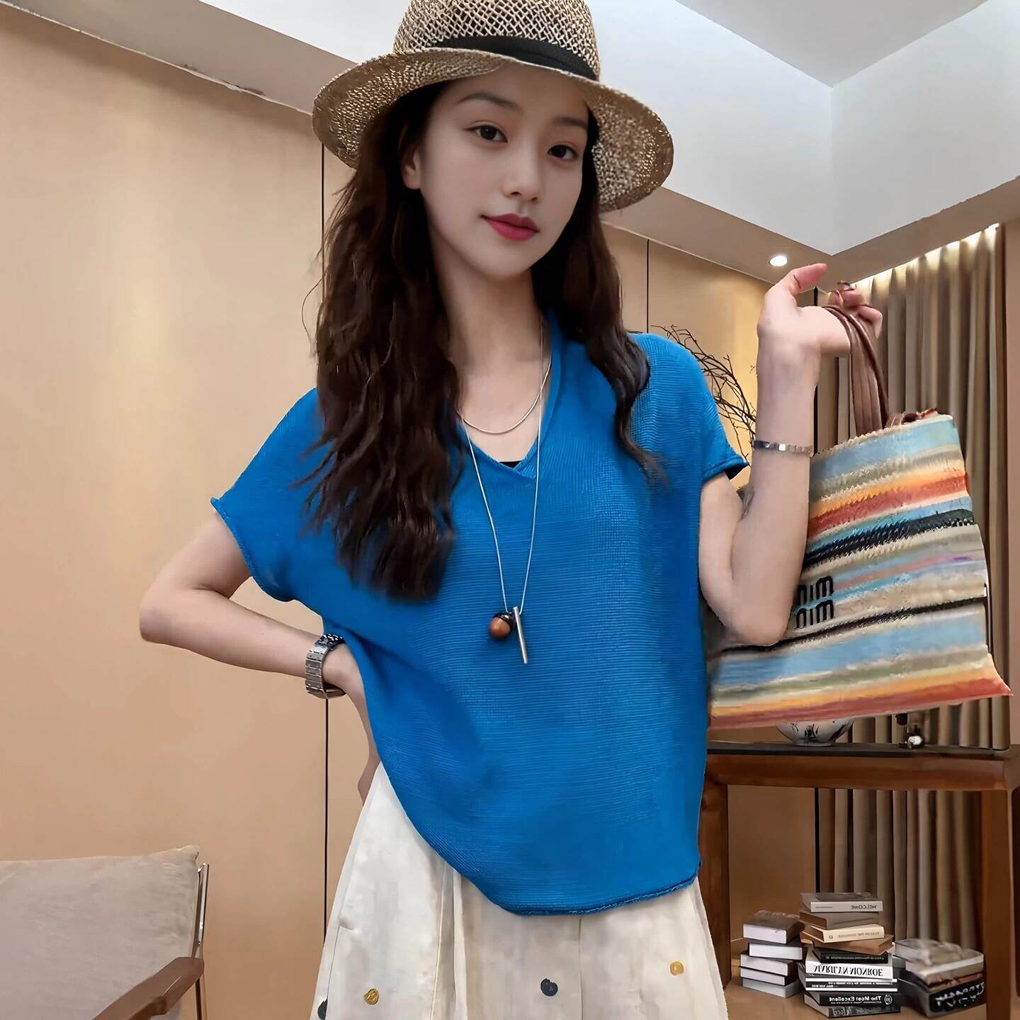 韩系V领克莱因蓝针织短袖T恤女图片