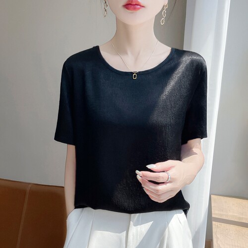 圆领短袖醋酸缎面女宽松百搭上衣