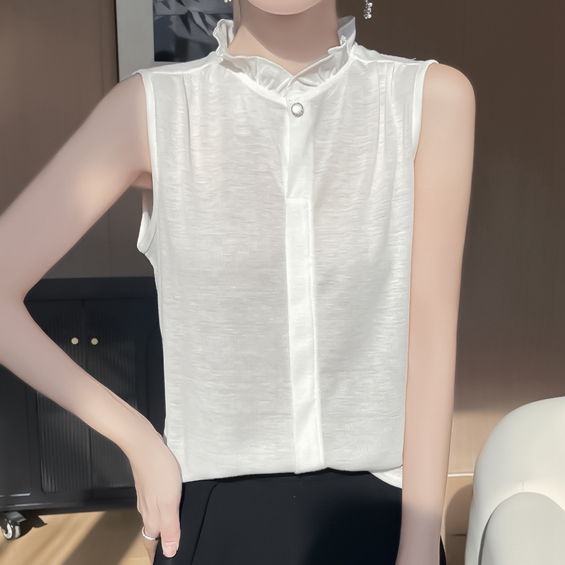 法式无袖衬衫女木耳领打底春夏
