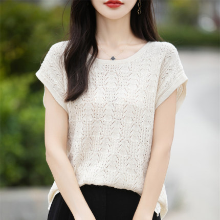 100%纯棉短袖女t恤薄款宽松针织衫2025新款夏季纯色镂空洋气上衣