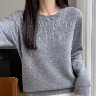 手工钉珠圆领针织衫女长袖闪亮流星烫钻宽松叠穿打底内搭毛衣秋冬