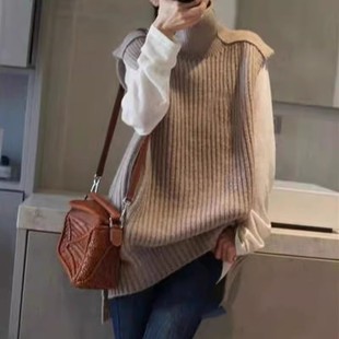 马甲潮女秋冬韩版羊毛毛衣线背心针织外穿套头中长款宽松高领坎肩