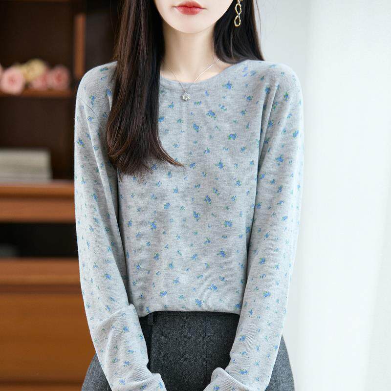 甜美减龄碎花粉色长袖针织衫女秋冬韩系复古打底衫内搭显瘦上衣春