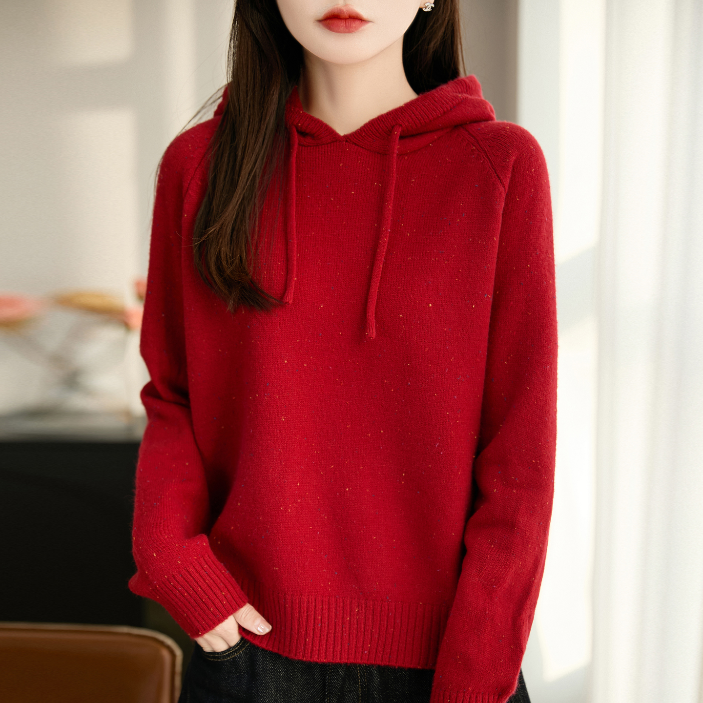 慵懒风宽松外穿点子纱连帽针织毛衣女25秋冬加厚套头休闲保暖卫衣