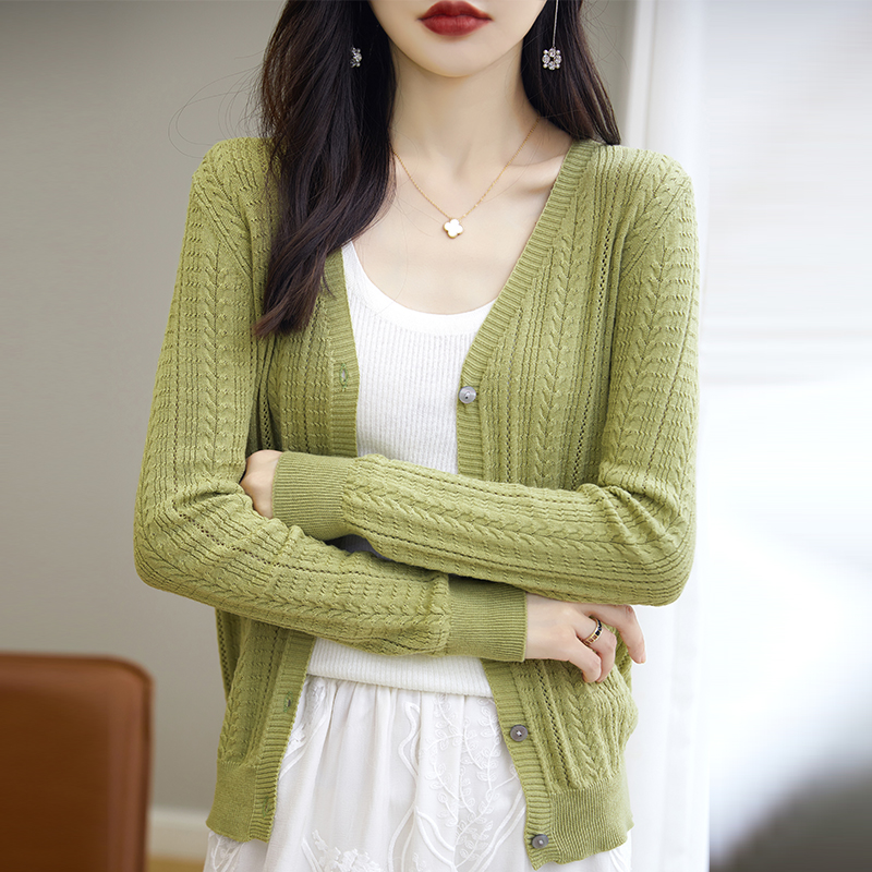 纯棉线镂空针织开衫女士薄款