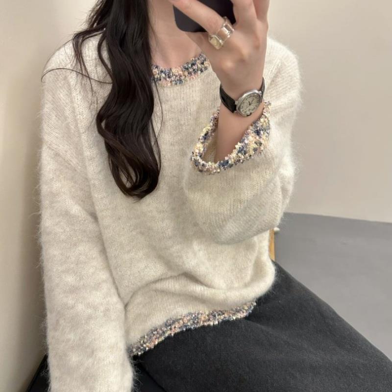 法式重工亮片小香风套头毛衣女2025新款宽松显瘦巨好看针织打底衫