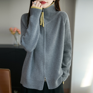 2025秋冬新款双头拉链宽松立领羊毛针织开衫外套韩系撞色毛衣上衣