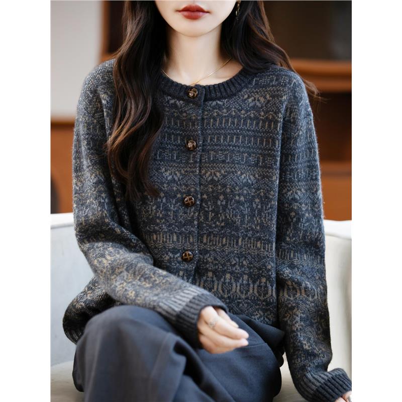 法式复古提花针织开衫女外套miu系毛衣25秋冬加厚保暖费尔岛上衣