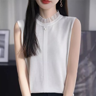 2024冬季蕾丝内搭无袖羊毛衫木耳边衬衫针织打底衫背心女立领气质