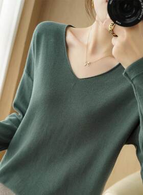 V领纯棉线针织长袖打底衫女短款韩版宽松修身简约百搭全棉线上衣