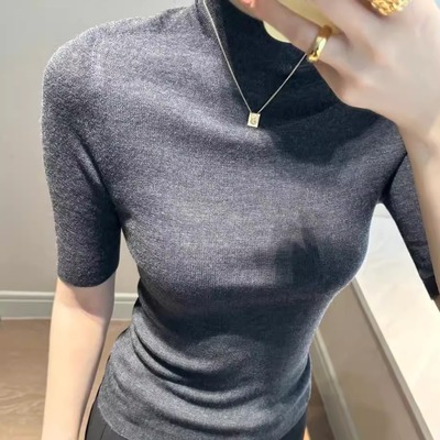 无缝全成型120S德国扬子纱羊毛女半高领半袖打底衫修身上衣五分袖