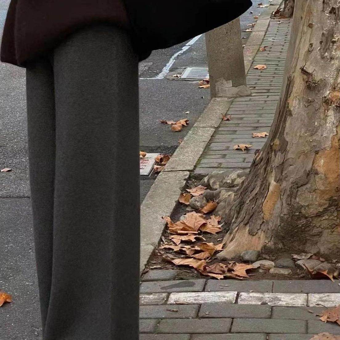 灰色加厚100%羊毛女士直筒裤