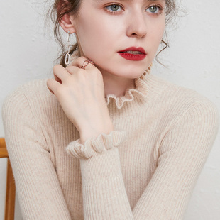 秋冬新款针织衫女花边半高领套头毛衣女短款纯色内搭修身非羊毛衫