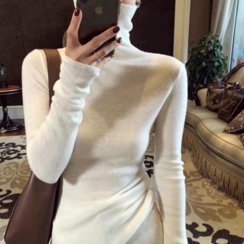 堆堆领气质天鹅颈高领针织衫女修身内搭上衣秋冬显瘦打底白色毛衣