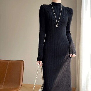 显瘦内搭打底毛衣超长裙子 气质修身 法式 复古针织连衣裙女秋冬新款