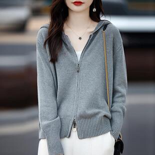 纯棉开衫毛衣外套女春秋加厚长袖拉炼卫衣连帽针织衫带帽打底上衣