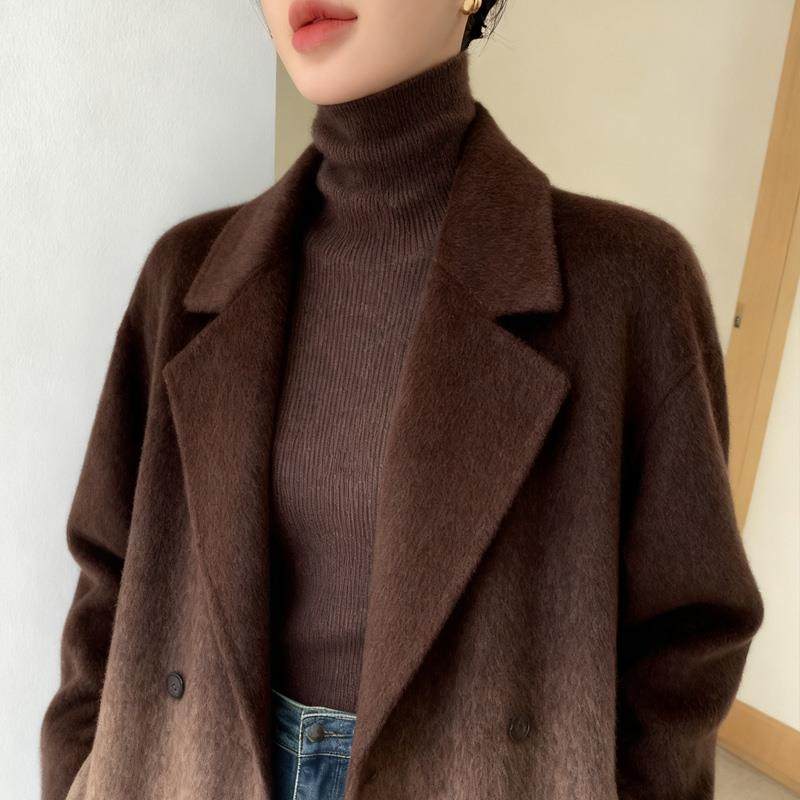 咖啡色堆堆领打底衫女修身内搭针织衫无缝高领纯色毛衫冬季厚毛衣