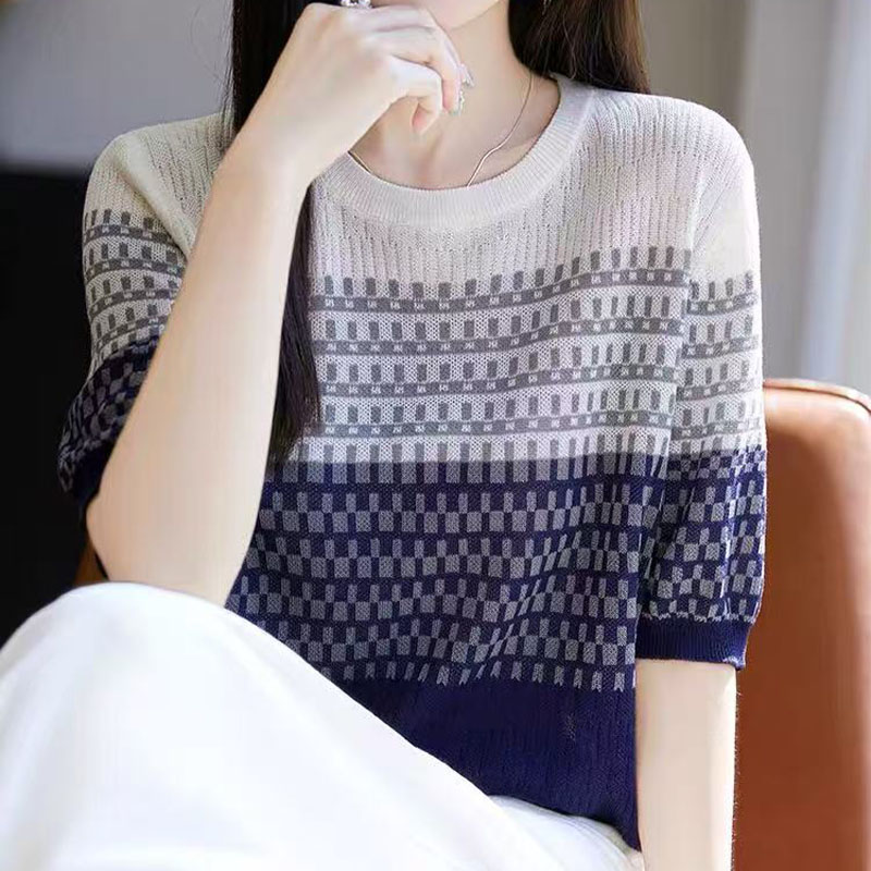 薄款圆领针织衫2025夏季新款女装时尚渐变色条纹短袖正肩套头上衣