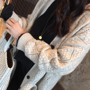 欧货镂空外搭毛衣春秋中长款针织开衫女宽松羊毛慵懒风外套潮