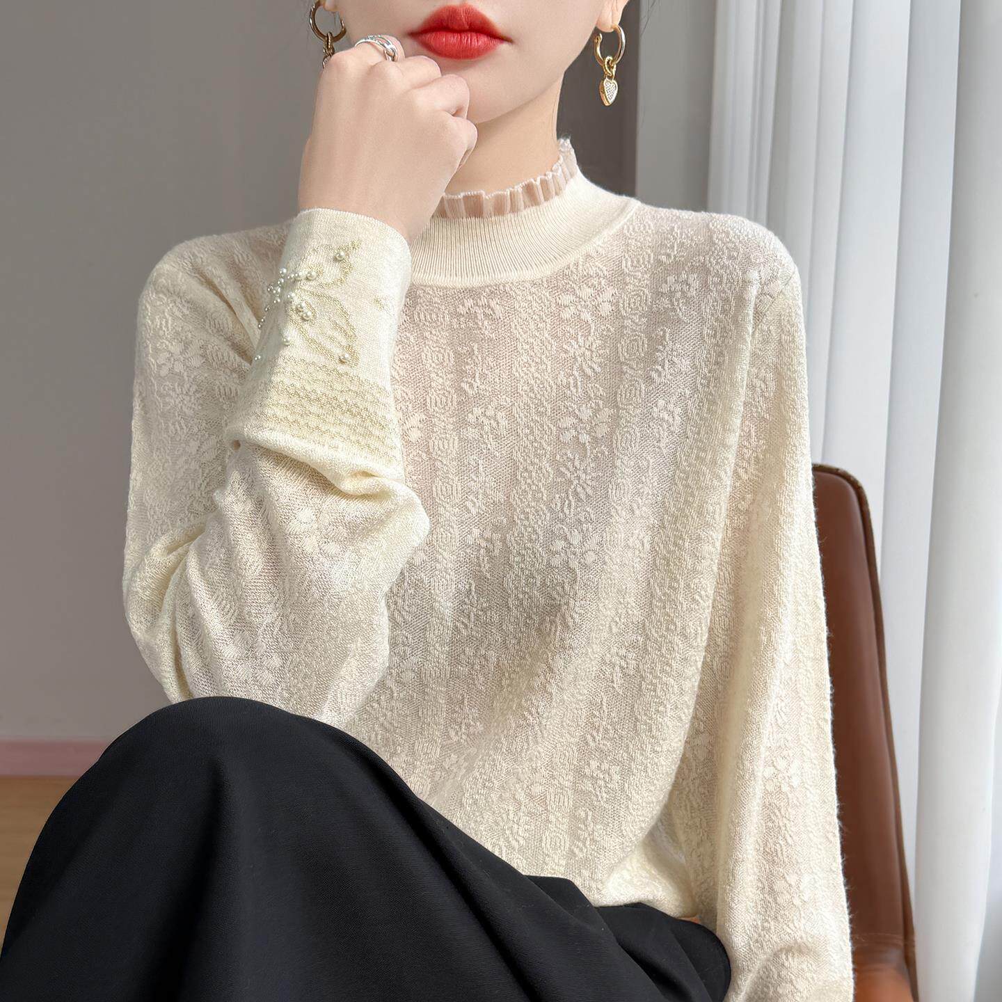 法式甜美蕾丝钩花长袖针织打底衫女秋冬半高领内搭设计感钉珠上衣