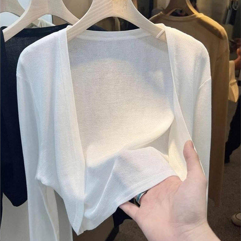 白色短款冰丝针织防晒开衫女薄款夏季吊带裙外搭薄纱外套空调罩衫