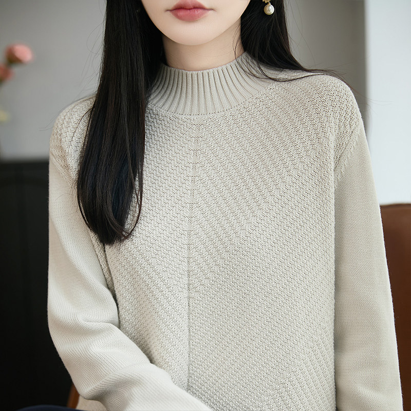 不起球100%纯棉线长袖打底针织衫女半高领纯色保暖毛衣宽松全棉线