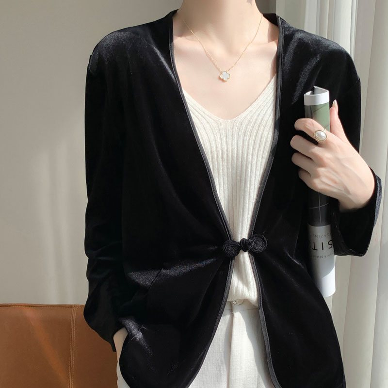 新中式盘扣丝绒外套女v领气质