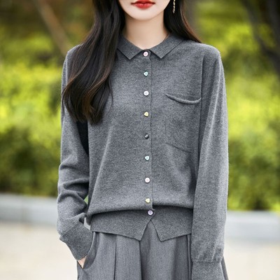 2025秋冬100%纯羊毛POLO领女长袖针织开衫衬衣短外套翻领彩扣上衣