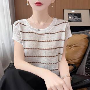 松弛感洋气撞色条纹圆领针织短袖女薄款夏季凉感舒适亚麻百搭背心