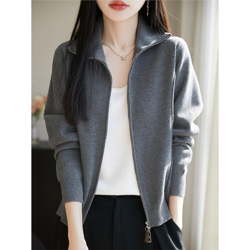 双拉链立领针织miu系开衫外套女外搭毛衣2025新时尚法式外穿上衣