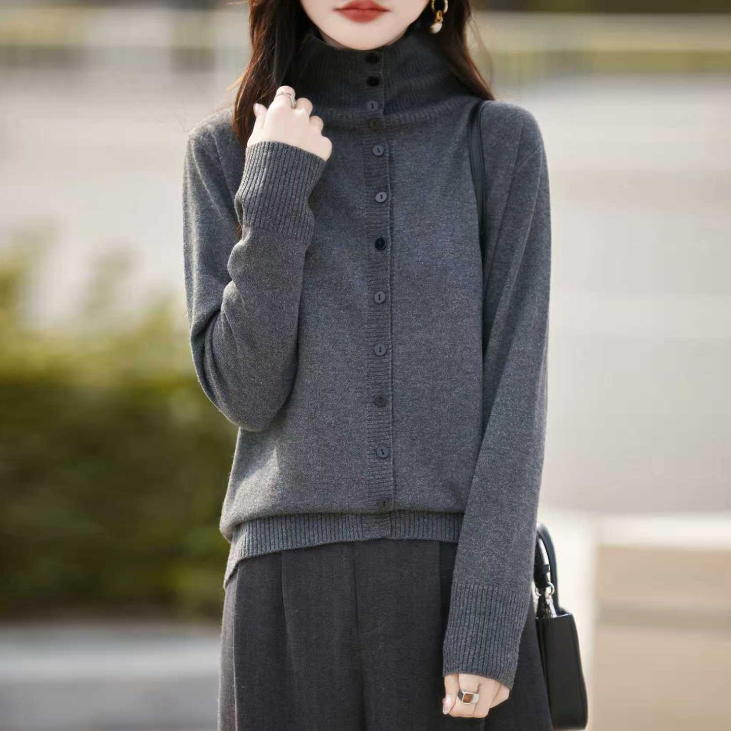 2025秋冬新款糯米绒高领针织开衫女宽松显瘦翻领毛衣外套长袖上衣