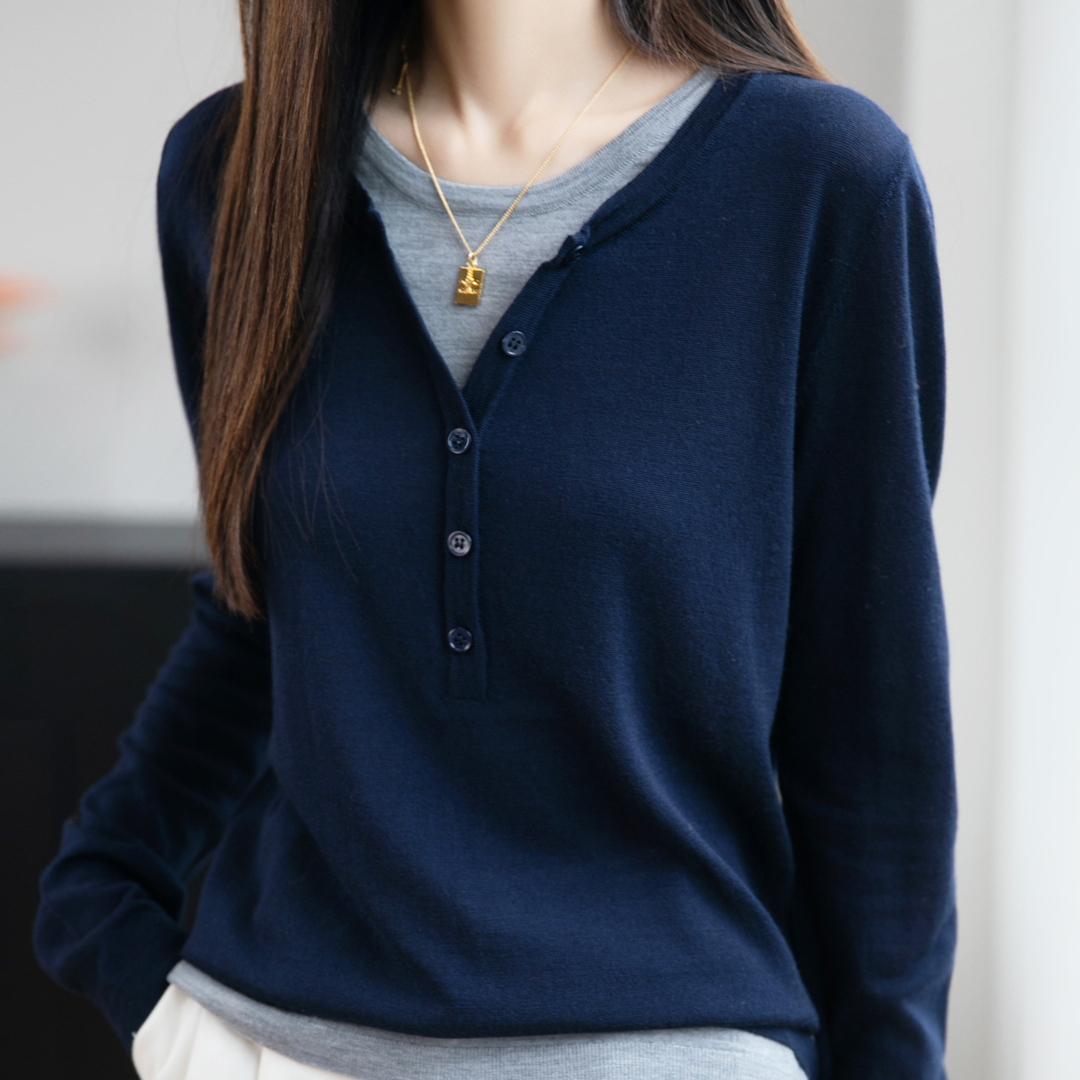 法式撞色假两件针织衫女宽松内搭秋冬新款拼色洋气减龄打底毛衣