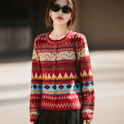 复古提花圆领浣熊绒针织开衫