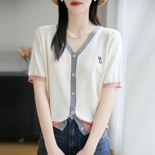 夏季简约V领拼色刺绣天丝针织开衫女薄款百搭单排扣外搭短袖T恤衫