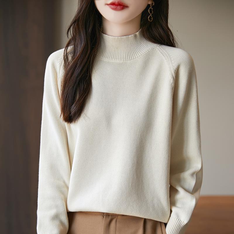 不起球纯棉线半高领打底衫女上衣秋冬宽松内搭针织衫新款加厚毛衣