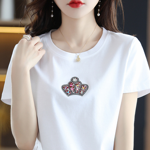 镶钻百搭半袖 重工丝光纯棉短袖 新款 白色夏季 正肩小个子 t恤女短袖