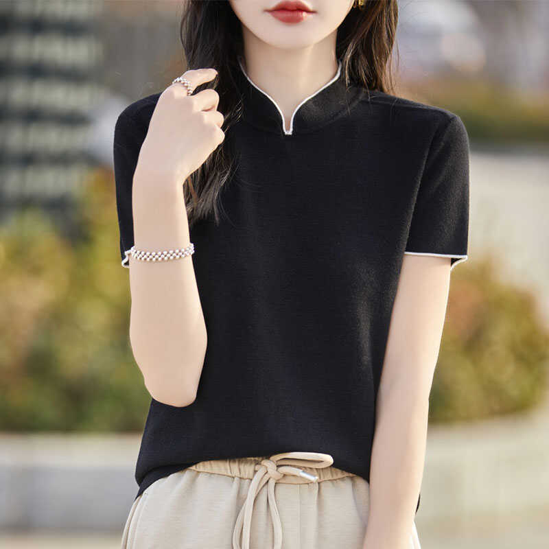 旗袍领柔软针织夏季羊毛新中式