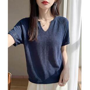 一线成衣天丝亚麻V领短袖针织衫女夏季新款气质镂空薄款t恤上衣女